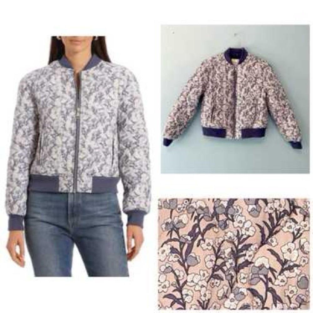 Bagatelle Floral Print Zip Front Bomber Jacket - Navy and White SZ.M